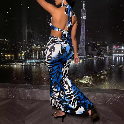 Fashion Casual Women's Summer Leopard Print Crossover Halter Neck Sexy Dress
