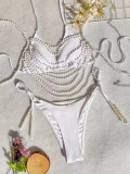 Halter Neck Lace-Up Pearl Chain Sexy White Triangle Bikini Swimsuit