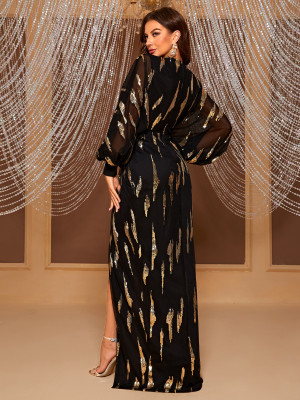 Sequined Lantern Sleeves V-Neck Elegant Light Luxury Evening Dress Women's Long Dress