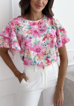 Fashion Summer Print Ruffle Sleeve Round Neck Short Sleeve Top