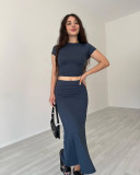 Summer Women's Fashion Casual Solid Color Round Neck Short Sleeve Top Long Skirt Set