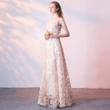 Formal Party Long Gown Wedding Chic Lace Champagne Evening Dress