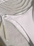 Halter Neck Lace-Up Pearl Chain Sexy White Triangle Bikini Swimsuit
