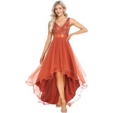 Summer Women's Evening Dress Sequined V-Neck Sleeveless High-Low A-Line Party Dress