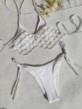 Pearl Chain Embellished Sexy Lace-Up Three-Piece Women's Bikini Swimsuit