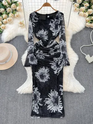 Long-Sleeved Square Neck Chic Slim Spring Autumn Dress