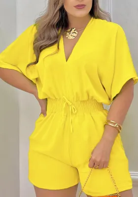 Summer Solid Color V-Neck Slim Waist Casual Jumpsuit