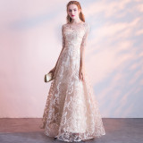 Formal Party Long Gown Wedding Chic Lace Champagne Evening Dress