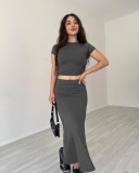 Summer Women's Fashion Casual Solid Color Round Neck Short Sleeve Top Long Skirt Set