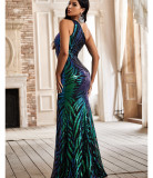 Slash Shoulder Sleeveless Floral Sequin Dress Slim Fit Mermaid Long Dress