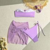 Women's Strapless Flowers Lace-Up Bikini Sexy Beach Skirt Three-Piece Swimsuit