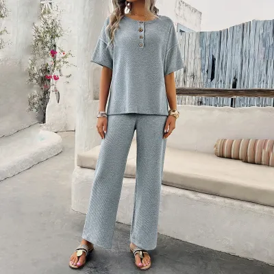 Women's Spring Summer Casual Solid Color Knitting Short Sleeve Two Piece Pants Set