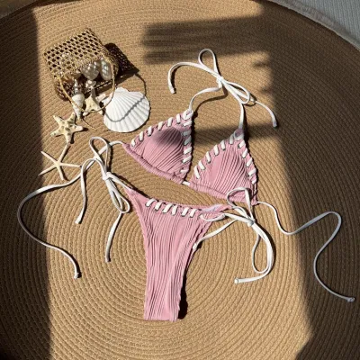 Sexy Solid Lace-Up Two Pieces Bikini Swimsuit