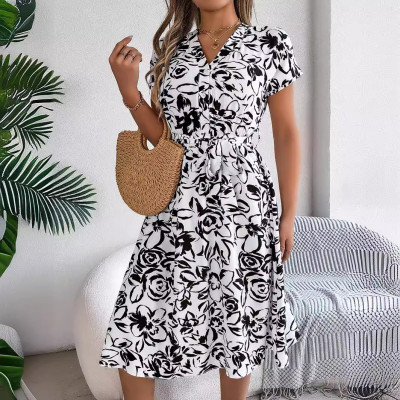 Spring/Summer Casual V-Neck Button Bat Sleeves Flower Casual Dress Women's Clothing
