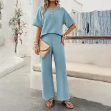 Women's Spring Summer Casual Solid Color Knitting Short Sleeve Two Piece Pants Set