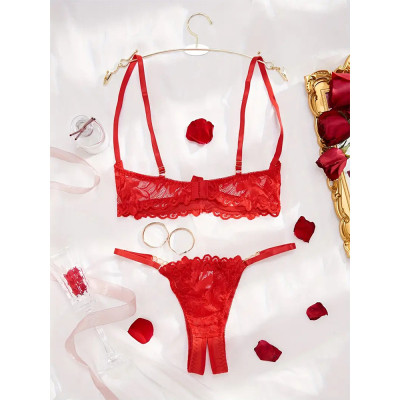Sexy Temptation Plus Size Sexy Lingerie Set Revealing Breast Bra Opening Thong Two-Piece Set
