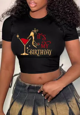 Women's Fashion Street Trendy Crop Letter Printed Casual Round Neck Short T-Shirt