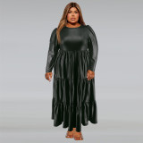 Plus Size Women Pu-Leather Round Neck Long Sleeve Cake Dress