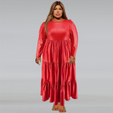 Plus Size Women Pu-Leather Round Neck Long Sleeve Cake Dress