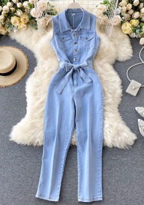 Women Denim Wide Leg Jumpsuit