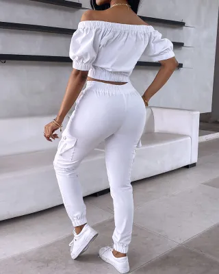 Women white Off Shoulder short-sleeved patch pocket Top and trousers two-piece set