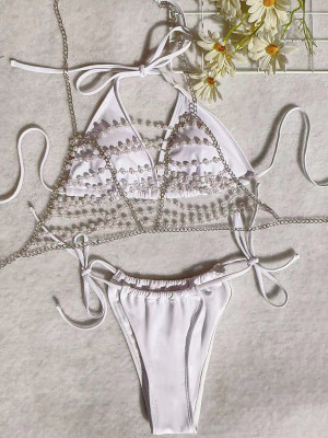 Women Pearl Chain Halter Neck String Bikini Sexy Swimsuit