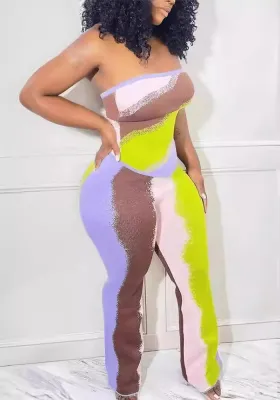 Women Sexy Color Blocking Strapless Top and Pant Two-piece Set
