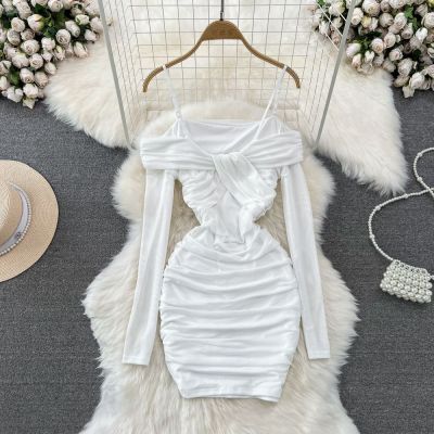 Women sexy off-the-shoulder Strapless pleated Bodycon Mesh dress