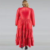 Plus Size Women Pu-Leather Round Neck Long Sleeve Cake Dress