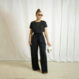 Women Casual Short Sleeve Top And Loose Cargo Wide Leg Pants Two-piece Set