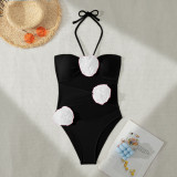 Women Halter Neck Strappy 3D Flower One-piece Swimwear