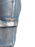 Women Hot Silver Stretch Denim Cargo Pant