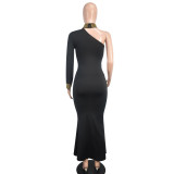 Women Black Halter Neck Beaded One Shoulder Long Sleeve Ball Dress