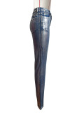 Women Shiny Hot Silver Stretch Denim Pant