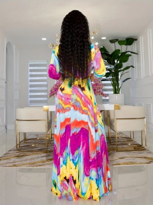 Women Printed Half Sleeve Lace-Up Maxi Dress