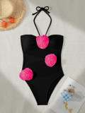 Women Halter Neck Strappy 3D Flower One-piece Swimwear