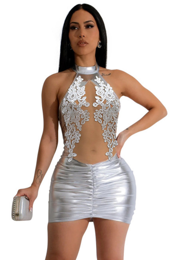 Women Round Neck Sleeveless See-Through Mesh Bodycon Dress