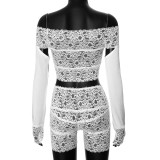 Women summer lace Patchwork Off Shoulder Top And stretch shorts two-piece set