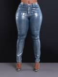 Women Shiny Hot Silver Stretch Denim Pant