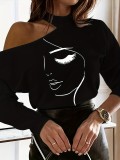 Women character abstract print off-the-shoulder sexy T-shirt