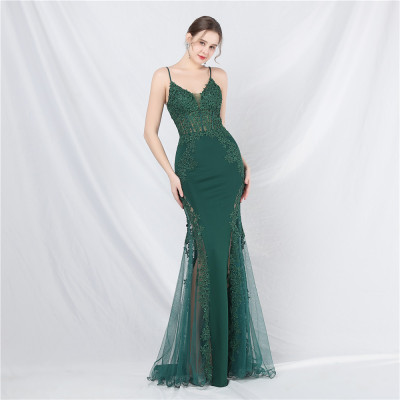 Women Lace Beaded Fishbone Vest Off-Shoulder Tail Evening Gown