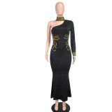 Women Black Halter Neck Beaded One Shoulder Long Sleeve Ball Dress