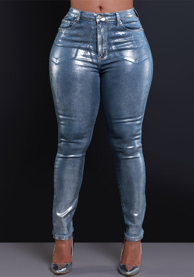 Women Shiny Hot Silver Stretch Denim Pant