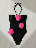 Women Halter Neck Strappy 3D Flower One-piece Swimwear