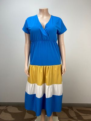 Fashionable Plus Size Contrast Color V-Neck Short Sleeve Casual Long Dress