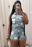 Women's Flower Printed Sleeveless Two Piece Denim Shorts Set