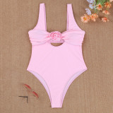 Solid Color Flower Sexy High Stretch Strap One Piece Women's Swimsuit