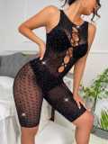 Beaded Sexy Lingerie Shiny Hollow See Through Mesh Tight Jumpsuit Net Clothing