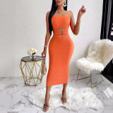 Fashion Women's Solid Color Hollow Slim Waist Strapless Dress