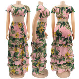 Printed Short Sleeve Sexy Slim Fit Women's Casual Two Piece Skirt Set